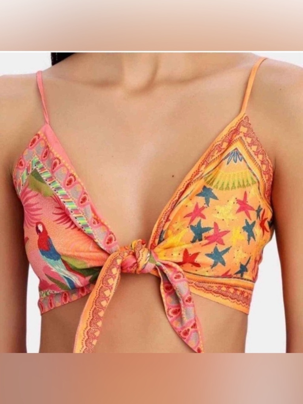 NEW FARM Rio Parrot & Starfish Tie-Front Crop Top in Yellow & Pink Size M